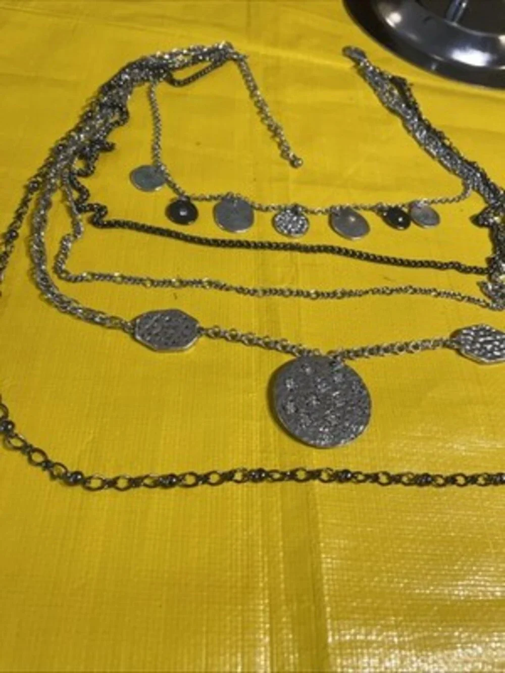 Boho Multi Strand Layered Statement Necklace Hammered Coin Studded Charm